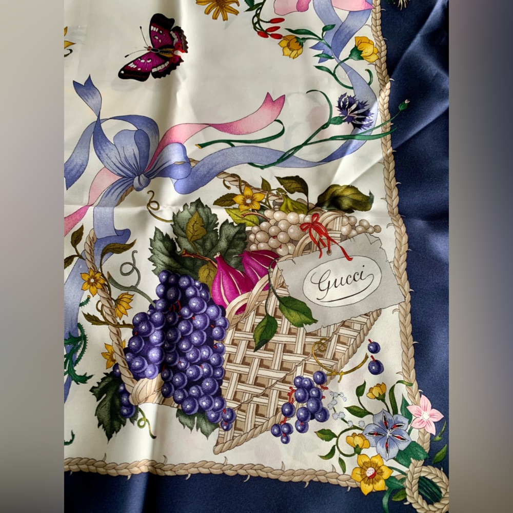 Gucci Vintage Silk Scarf in Floral and Fruit basket with Butterflies design - Picture 10 of 13